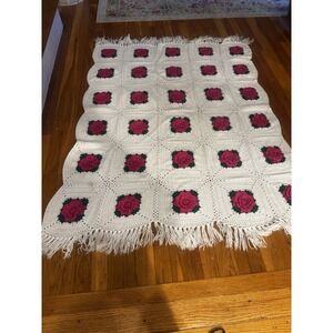 Vintage Fringe Crochet‎ Blanket 3d Pink Flowers Granny Squares Floral Throw